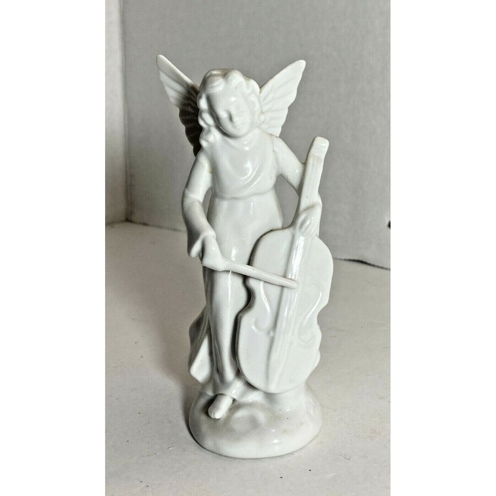 Porcelain Music Angel Figurine • White 5.25" • Playing Cello/Bass • Elegant